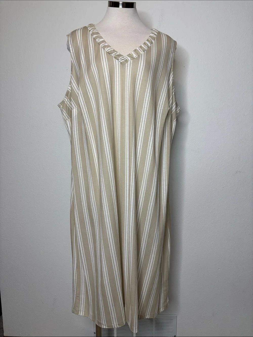Belle by Kim Gravel Beach Beige and White Striped V-Neck Midi Dress